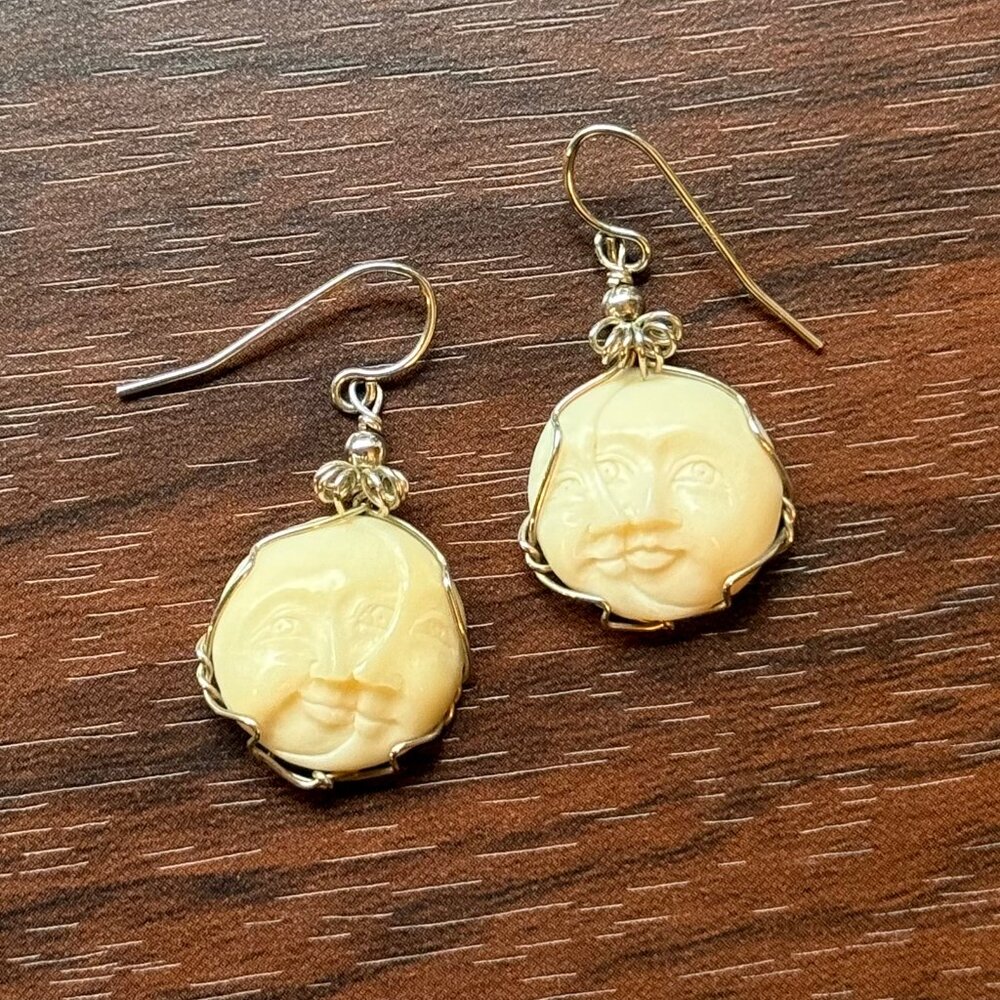Vintage 90s Whimsigoth Carved Sun and Moon Wire Wrapped Earrings